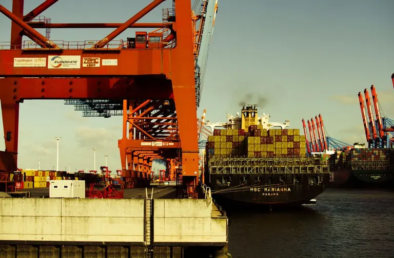 Container vessel and loading cranes at a port