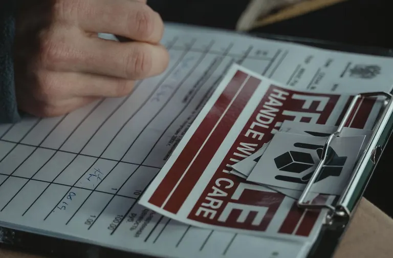Person writing on a logistics document