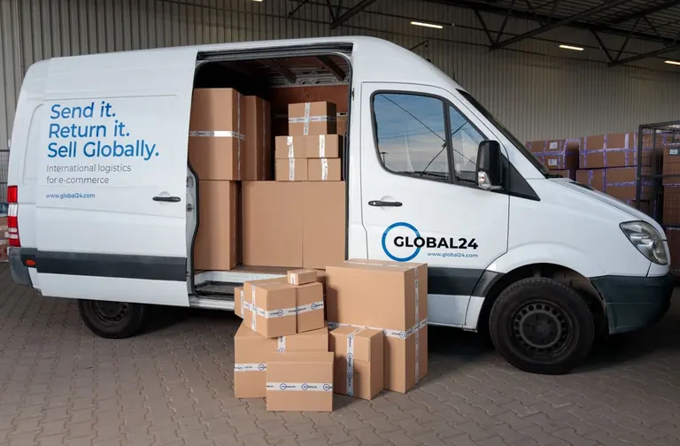 Delivery truck loaded with cardboard boxes
