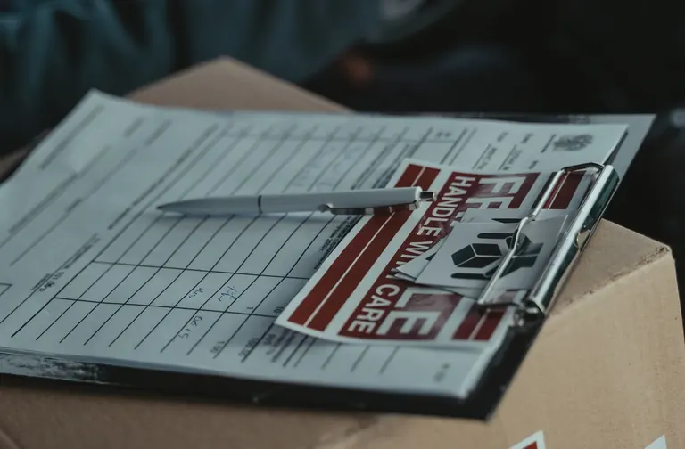 Delivery documents and a handle with care label on a carton