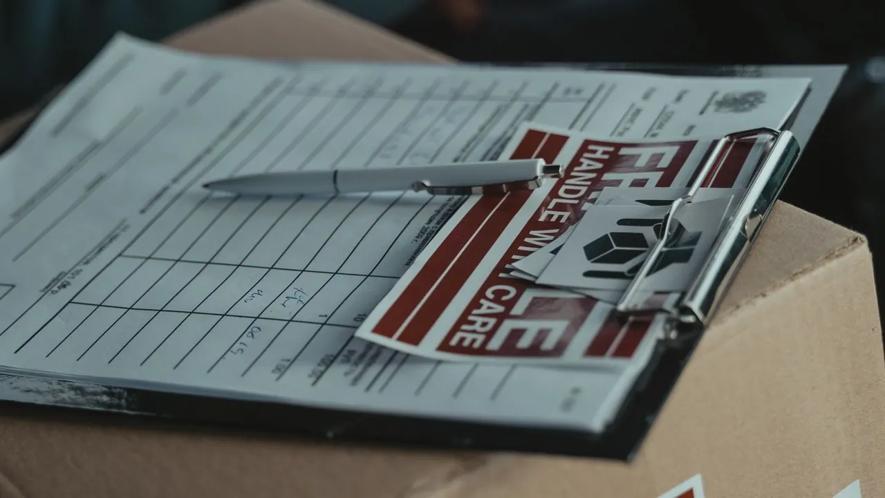 Delivery documents and a handle with care label on a carton