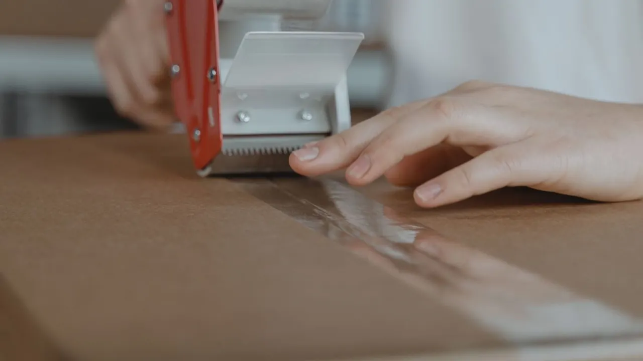 Hands sealing a cardboard carton with tape