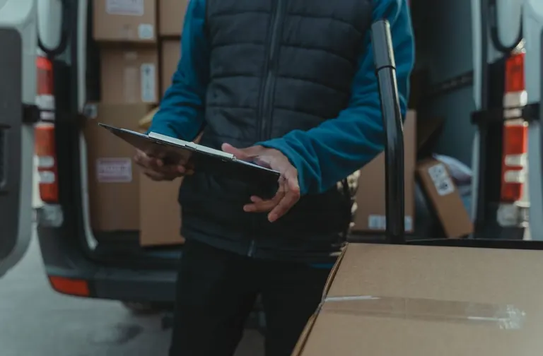 Worker holding a clipboard beside cartons