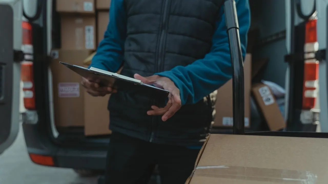 Worker holding a clipboard beside cartons