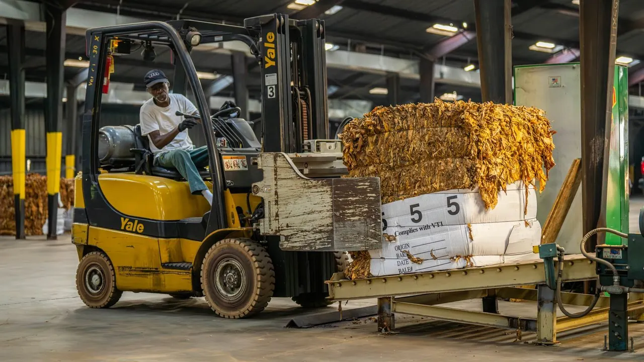Forklift transporting packaged materials on a pallet